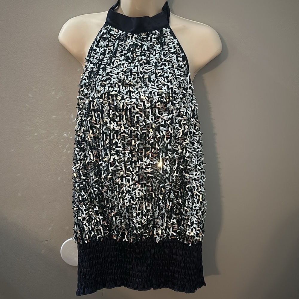 Body Central Large Navy Blue Sequin Halter Top with Elastic Women’s Y2K Barbie